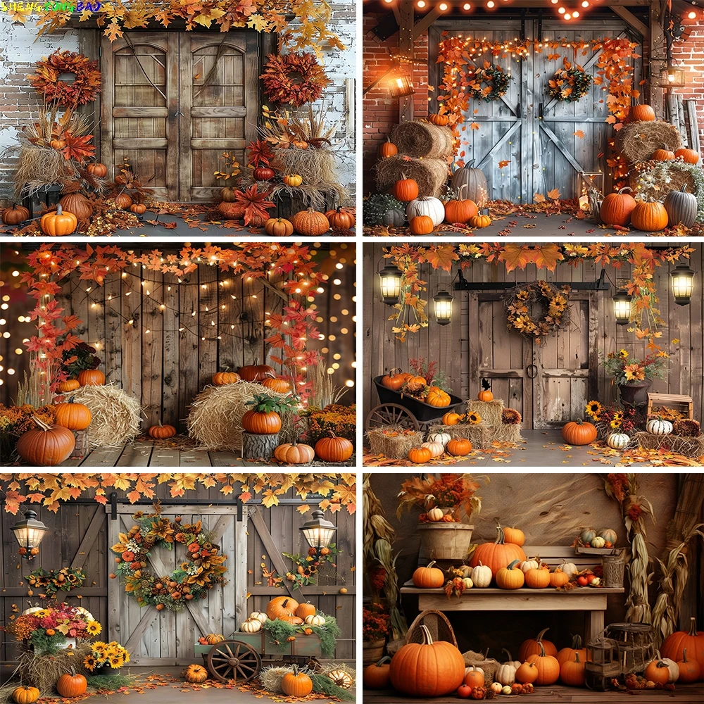 

Autumn Backdrop for Photography Farm Wooden Door Fall Pumpkin Maple Thanksgiving Party Baby Portrait Photo Background