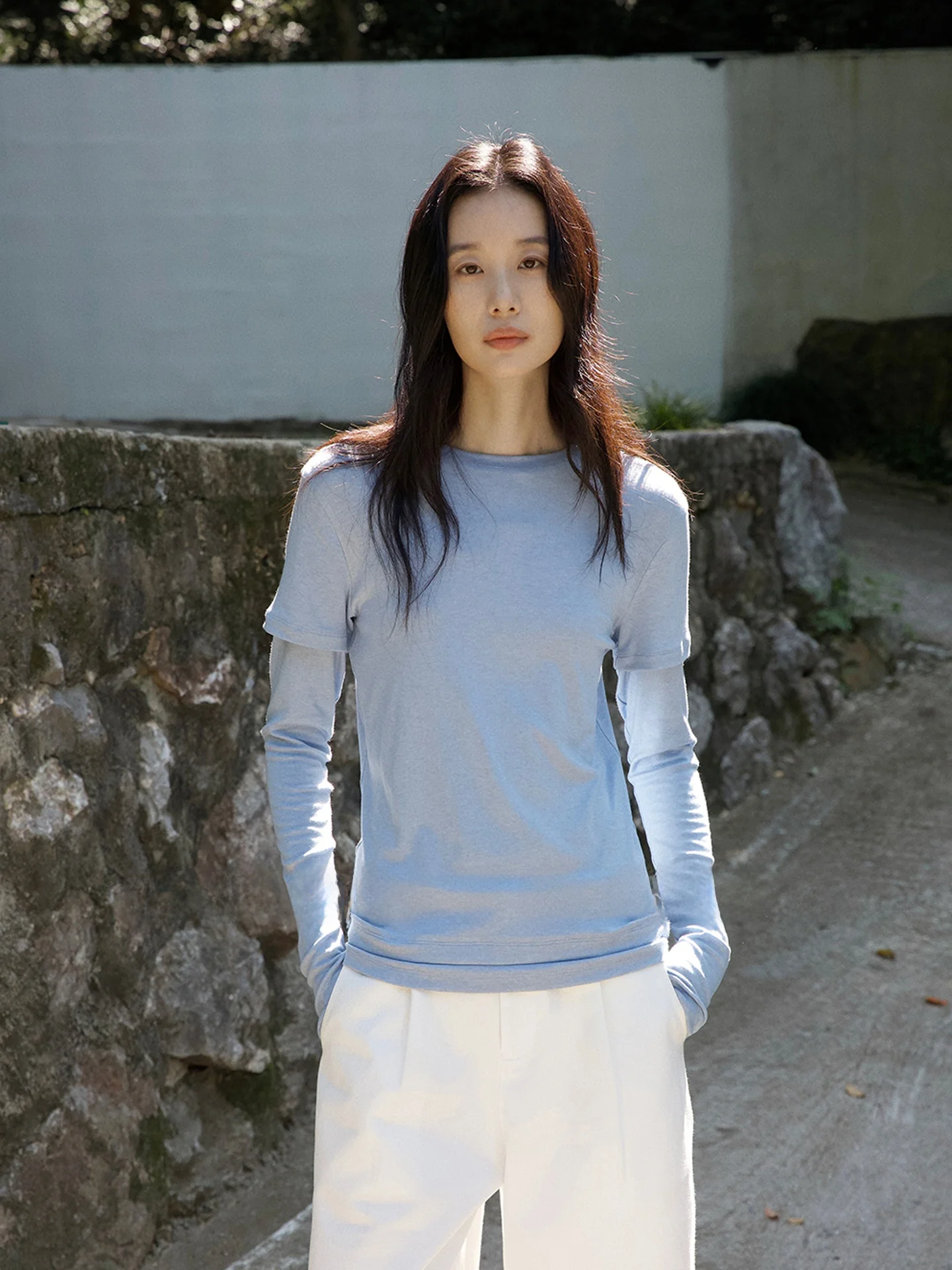 

Countonme Layered Long Sve T-irt Wool Blend Splice Slimming Versatile Top Ladies Simple Sle Stand Fit Daily Wear