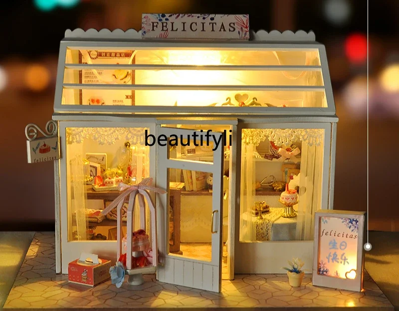 Handmade Cottage Cake Shop Flower Shop Making, Assembling Model House Toys Creative Birthday Gifts Female