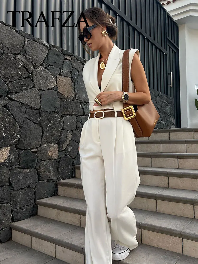 TRAFZA 2024 Summer Women Fashion Trousers Suits Solid Short Vest Top + Zipper Fly Versatile Streetwear Female Wide Leg Long Pant