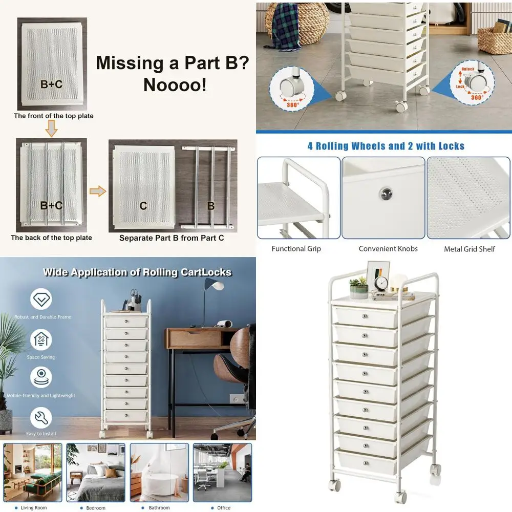 

9-Tier Rolling Utility Cart with 9 Drawers, Lockable Wheels, Multipurpose Storage for Home and Office in Ivory White