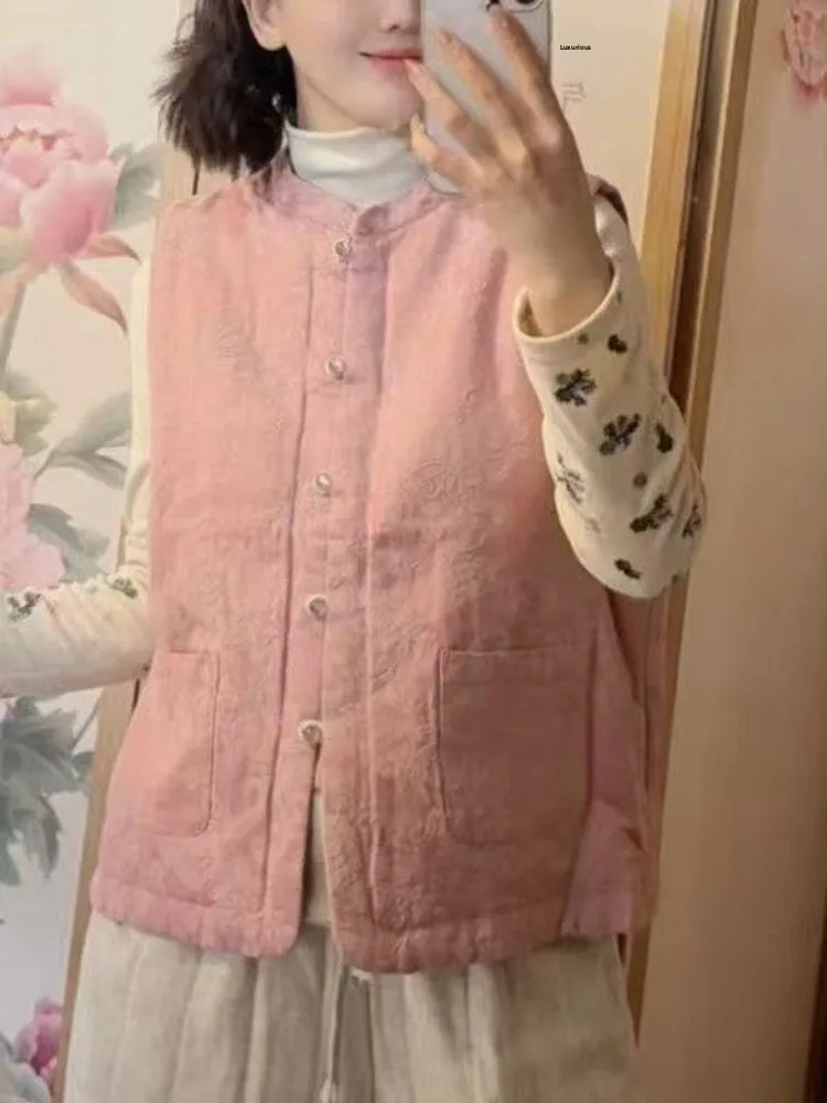 Gilet chinois en coton et lin pour femmes, vêtements d'extérieur d'hiver, débardeur superposé, coussin d'épaule en coton fin, irt pour les déplacements