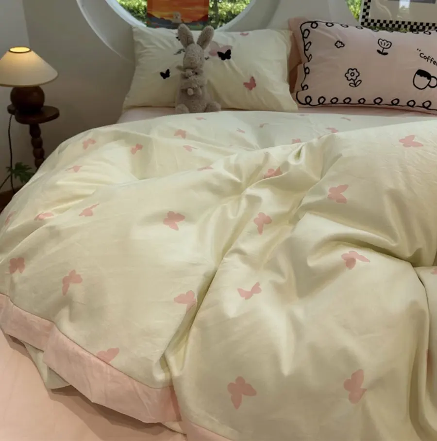 Cute butterfly pink yellow bedding set 1.2 1.5 1.8 2.0,twin full queen king cotton home textile bed sheet pillowcase quilt cover