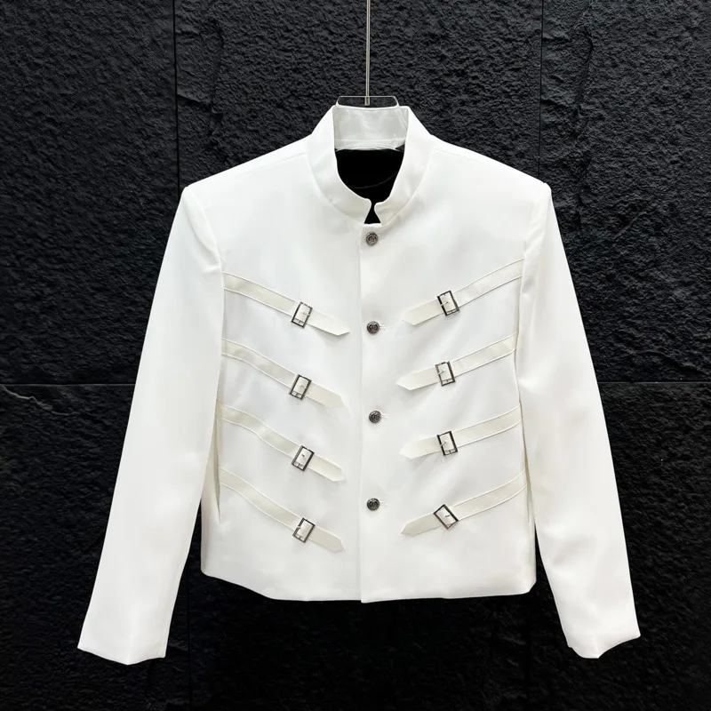 HKSH Spring Autumn New Men Tide Punk Dark Patchwork Deconstructed Jacket Light Luxury Metal Leather Buckles Vintage Coat HK25730