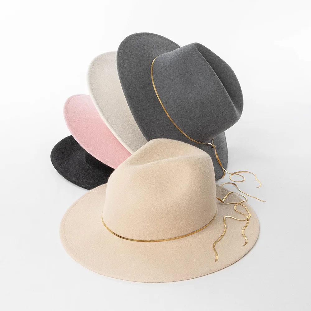 New Fashion Casual gold Chain Wide Brim Woolen Jazz Hat Outdoor Warm British Style Top Hat