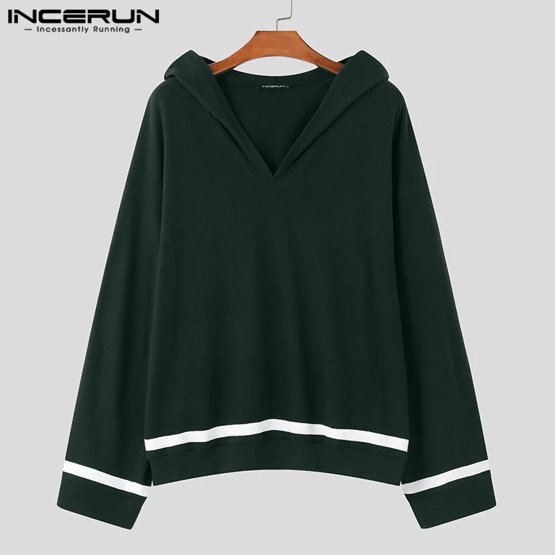 2024 ลําลองแขนยาวHoodies INCERUN Men CausalหลวมHooded Sweatshirts Stripe SplicingเดินทางHarajuku Tops Pullovers