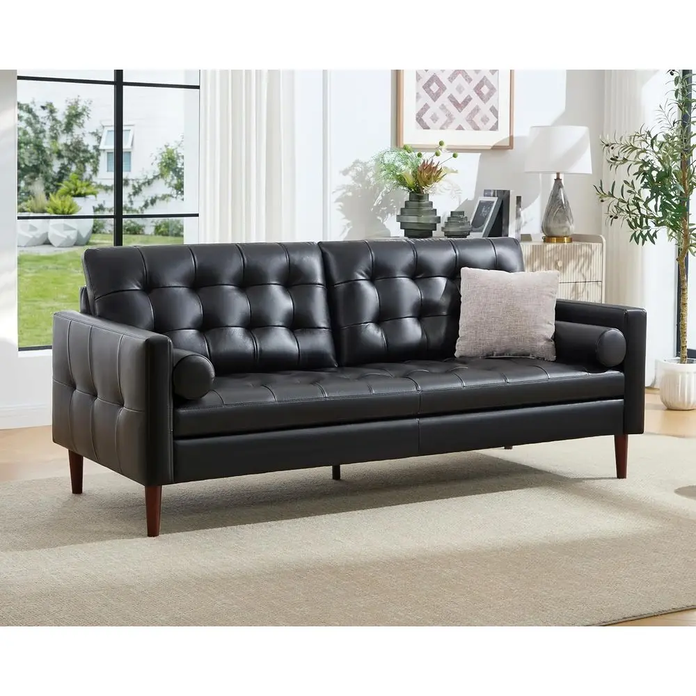 

Трехместный диван из натуральной кожи, в стиле века, для комфортной гостиной или домашнего офиса, черный