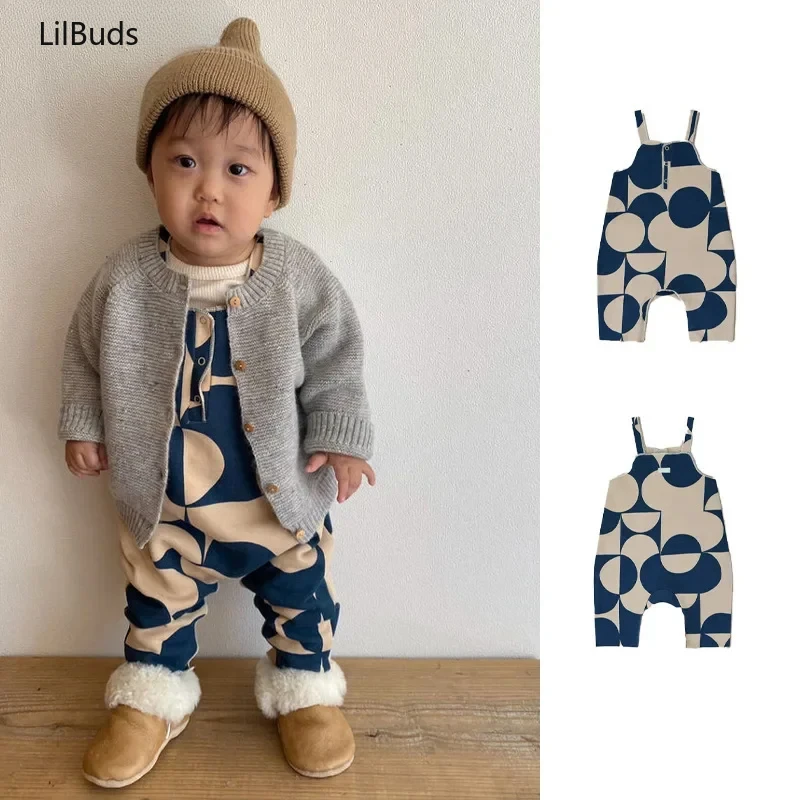 2024 Baby's Strap Pants Nordic Style Cotton Fleece-lined Young Children's Printed Strap Pants Boy's One-Body Pants Kids Costume