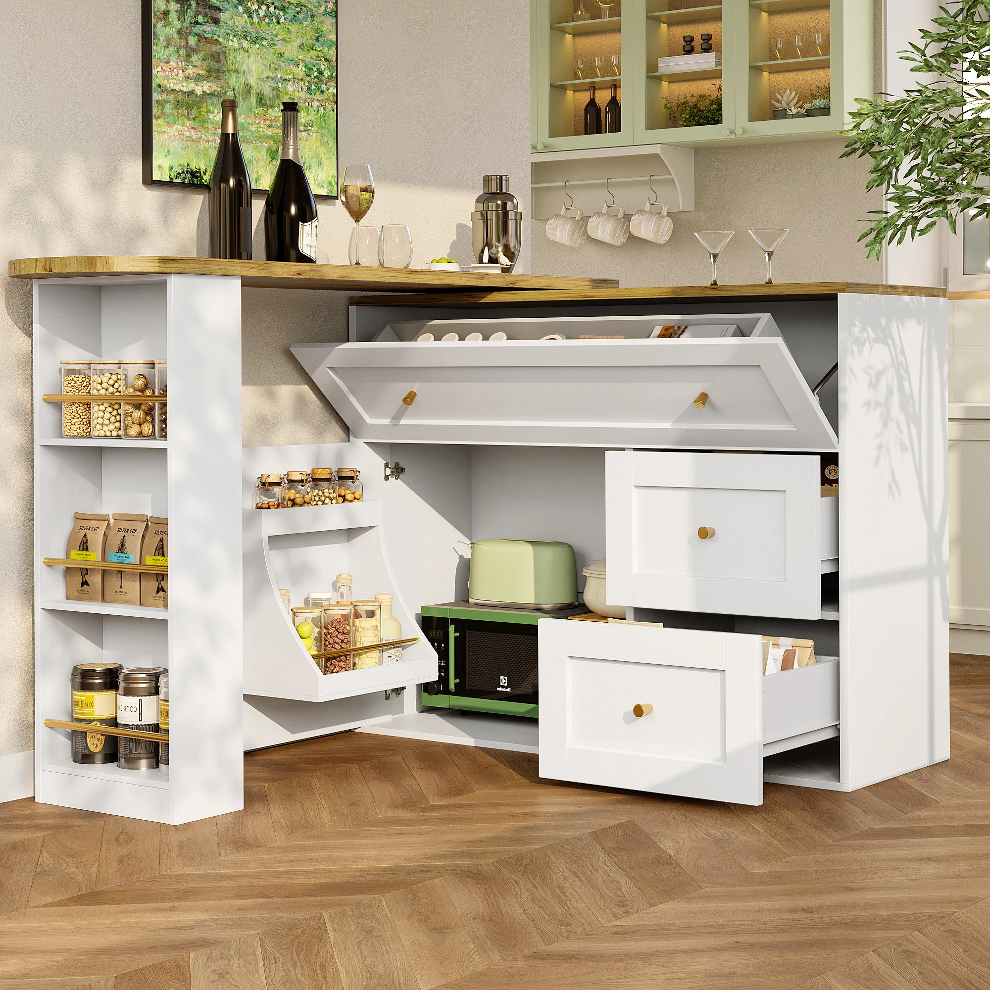 Table haute extensible avec rangement, plateau rotatif et étagère pour la cuisine, en MDF et métal, blanc