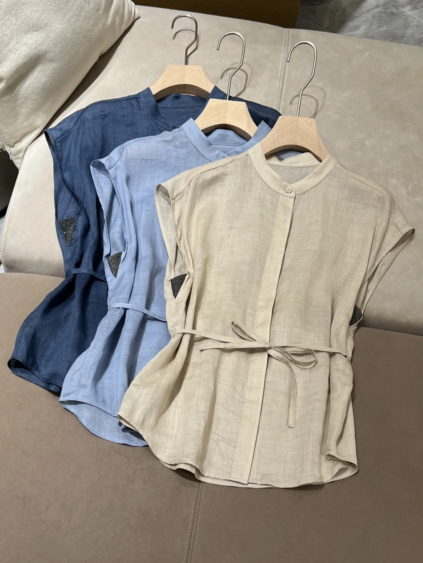 Women's Ramie B&C Elegant Collar Lace-up Sleeve Shirt Top