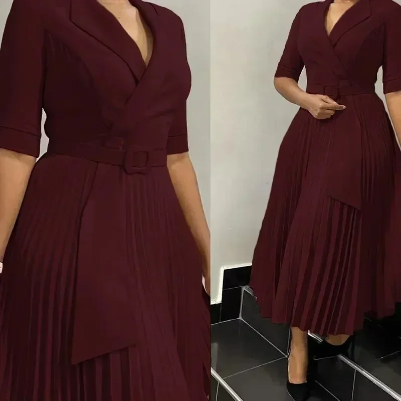 2026 Dashiki African Dresses for Women Autumn Elegant Half Sleeve V-neck Polyester Pleat Dress Ankara Dresses African Clothes image 3