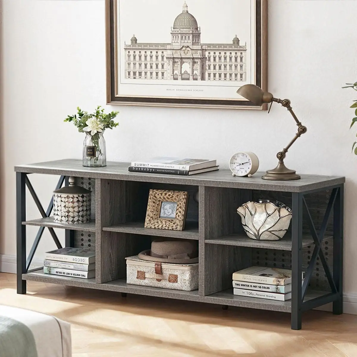 حامل تلفزيون لتلفزيون 75 بوصة، مركز ترفيه خشبي ريفي، حامل وسائط معدني صناعي مع مساحة تخزين، بلوط رمادي فاتح، 63 بوصة #1