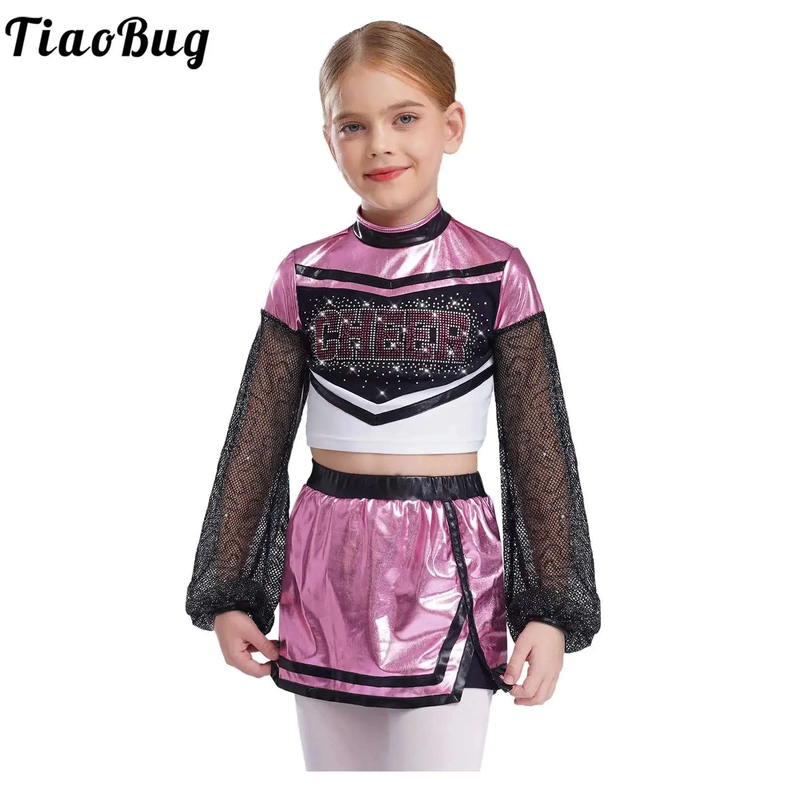 

Kid Girls Cheerleading Uniform Cheer Leader Dance Costume Set Long Sleeve Rhinestones Letters Crop Top and Built-in Shorts Skirt