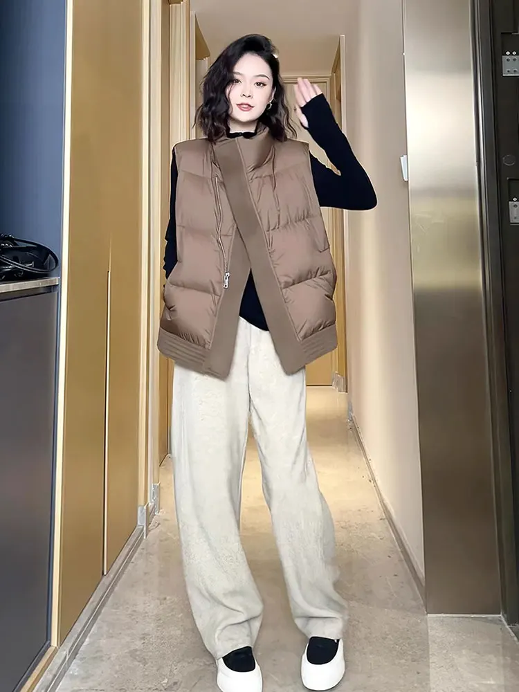 

Ele Stand Collar Svel Vest Faionable Loose Fit Zipper Top Outerwear Women's Busin Casual Sle Pure Color