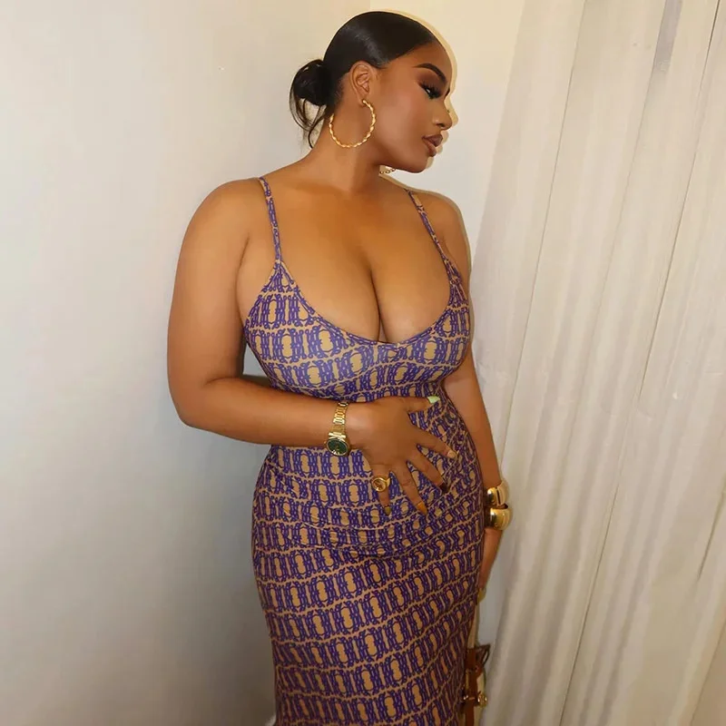 2025 Abito lungo aderente con stampa sexy Donna con cinturino per spaghetti senza maniche Vita senza schienale Slim Fit Orlo diviso Elegante Clubwear Abiti