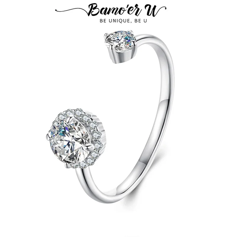 

Bamoer U Moissanite Open Ring 925 Sterling Silver Unique Double Moissanite Design Adjustable Rings Women Fine Jewelry VVS1