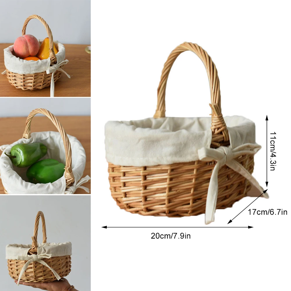 Cesta tejida a mano, cesta de flores tejida a mano, cesta de mimbre con asa, forro de tela para Picnic, Camping, capacidad, fruta de comestibles