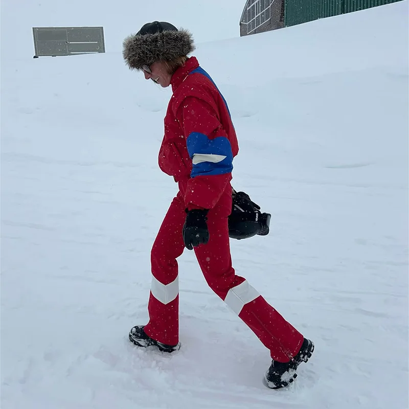 Damen-Skibekleidung, Panel-Design, Stehkragen, lange Ärmel, mit Gürtel, Jumpsuit, Winter, Damen, Reißverschluss, schmal geschnitten, Herbst/Winter, warm, Sportbekleidung, Neu – Detail 5
