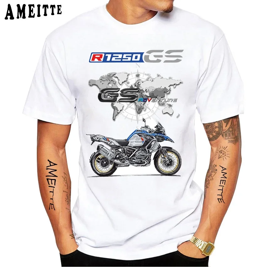 GS Adventure style Drive The Classic Motorcycle R 1250 GS Print T-Shirt Summer Men Short Sleeve White Casual Tops Boy Tees