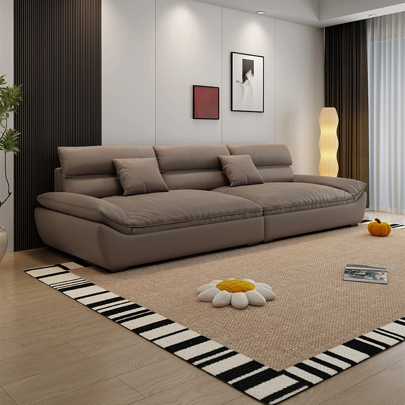 #Cream Wind Leather Sectional Sofa for Living Room Furniture Modern Simple High Back Three or Four Seat Straight Row Sofa Set
