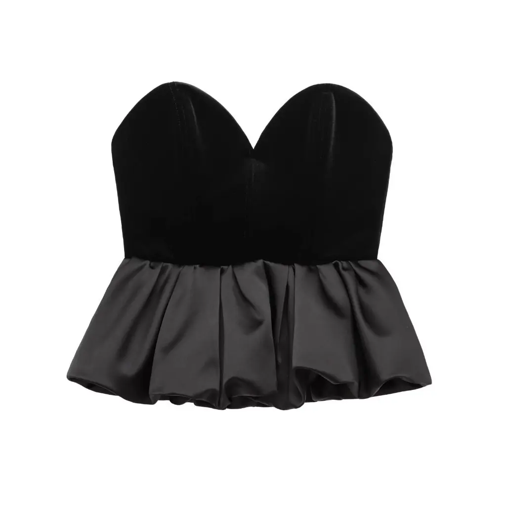 

European And American Style Women's Velvet Texture Strapless Top Lotus Edge Fashion Streetwear for Early Spring