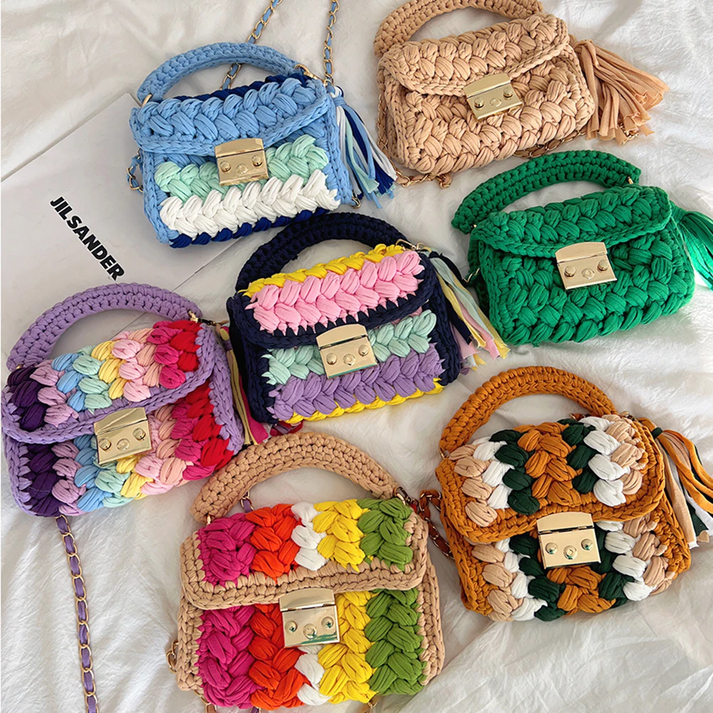 Colorful Crochet Women\'s Purses 2024 Creative Party Weaving Hobo Bags Ladies Handmade Shoulder Bag Fashion Square Crossbody Bags