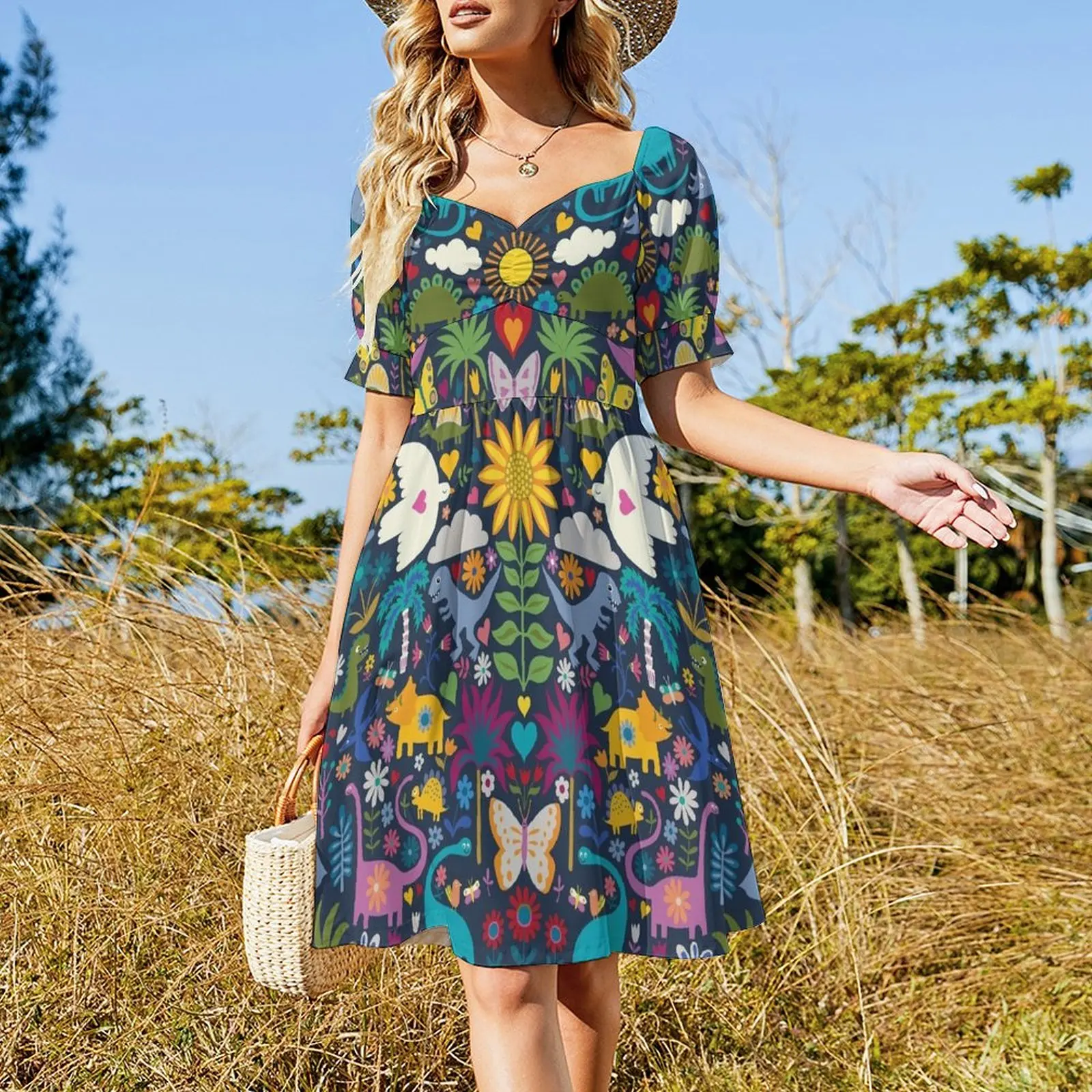 Peace, Love and Dinosaurs - cute animal pattern by Cecca Designs Short Sleeved Dress evening dresses ladies Dress