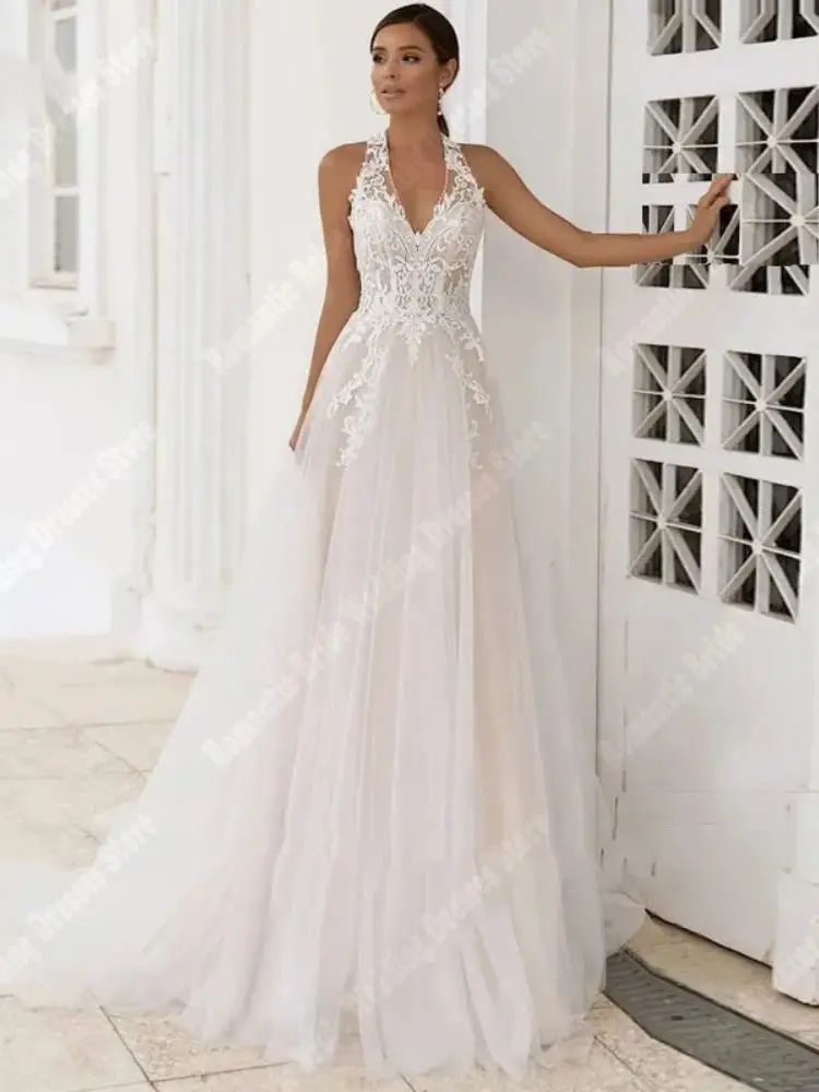 Customized Illusion Princess Wedding Dresses Sexy Sleeveless V-Collar Tulle Bridal Gowns Mopping Length Woman Vestidos De Novia