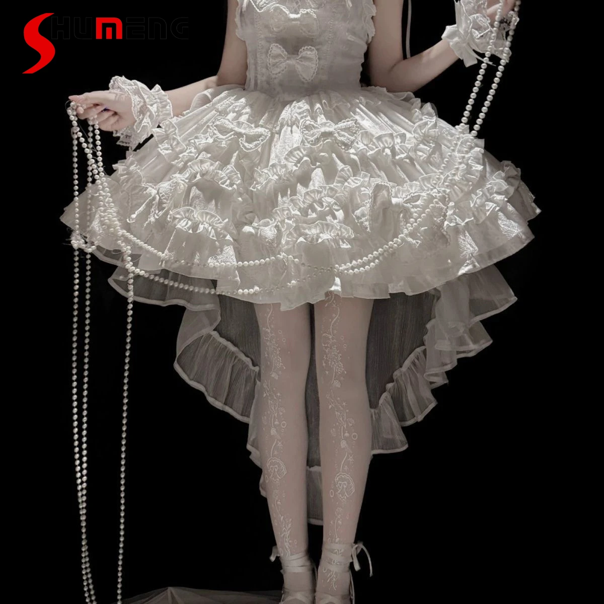 

White Gothic Sweet Lolita Dresses JSK Spring Summer Girls Women Slim Fit Elegant Cute Bow Princess Dress Birthday Party Dress