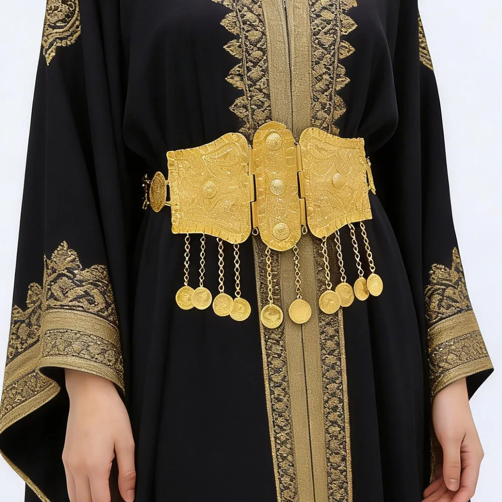 

Gold Plated Turkish Kurdish Female Waist Chain Belt Arab Coin Chain Tassel Hollow Carved Festival Wedding Costume Robe Jewelry