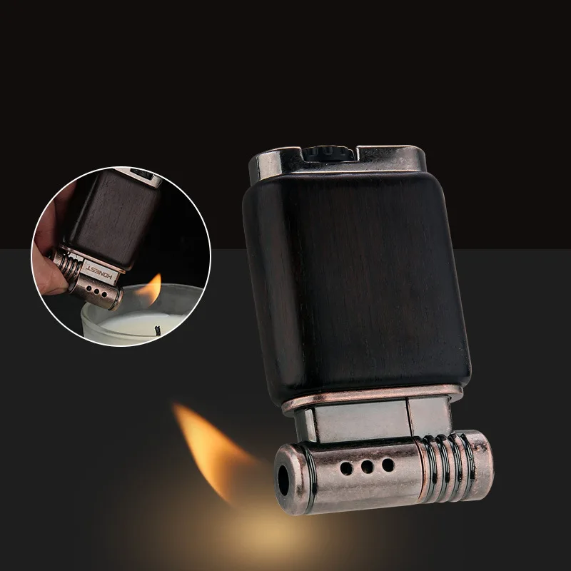 New Sandalwood Gas Lighter Creative Personality Retro Open Flame Wooden Shell Pipe Lighter High Quality Gift Collection