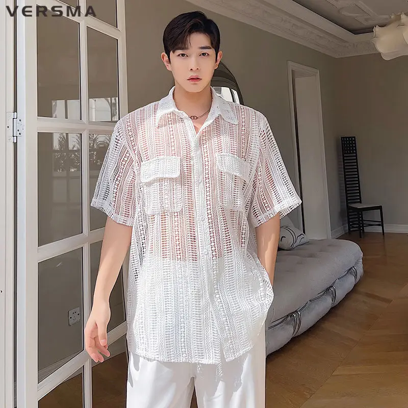 VERSMA Korean INS Trendy Oversize Mesh Transparent Shirts Men Summer Vintage Short Sleeve Lace Jacquard Shirt Women Dropshipping