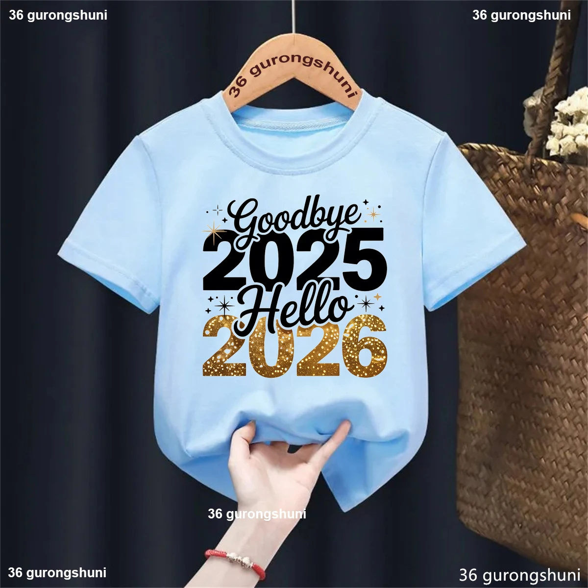 

Happy New Year T-Shirt Goodbye 2025 Hello 2026 Letter Printed T Shirt Girls/Boys Kawaii Children'S Clothing Short Sleeve Tshirt