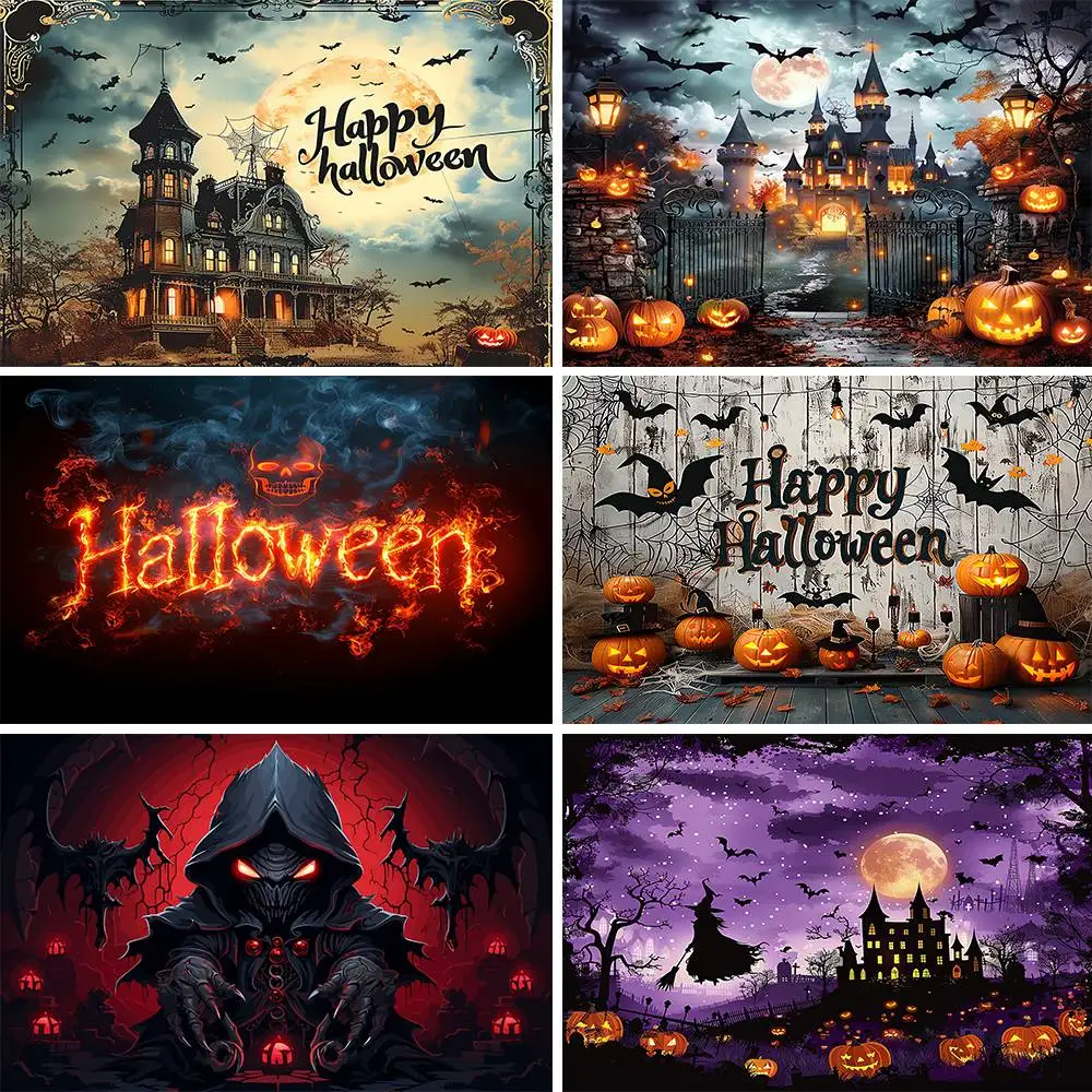 

Halloween Photography Background Night Castle Moon Pumpkin Lights Skeleton Family Party Photozone Horror Theme Backdrop