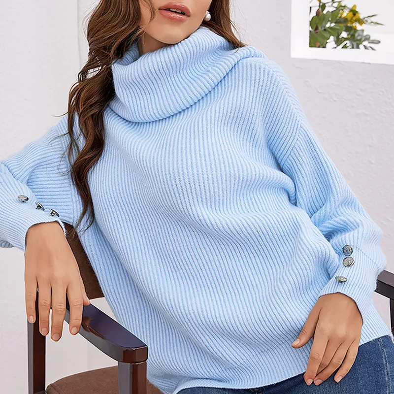 

2025 Fall/Winter New Autumn New Casual Versatile Knit Pullover Top Women's High Neck Blue Thermal Sweater Knitwear