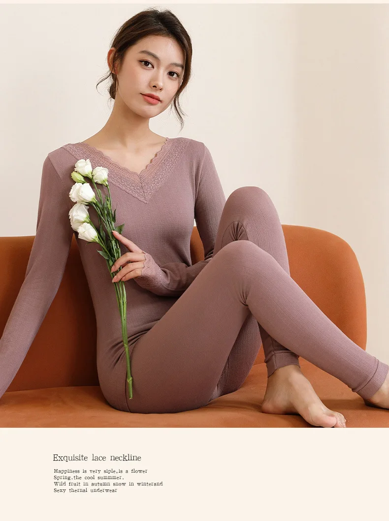 Women Pajamas Winter Slim Thermal Underwear Sets Lace Viacose Undershirts and Leggings Constant Temperatur Sleepwear Long Johns