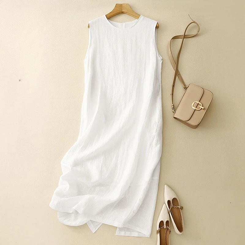

Women Dresses Solid Dress Zipper Slit Round Neck Sleeveless Ankle Length Slight Strech Casual Loose Fit Office Lady 2026 Summer