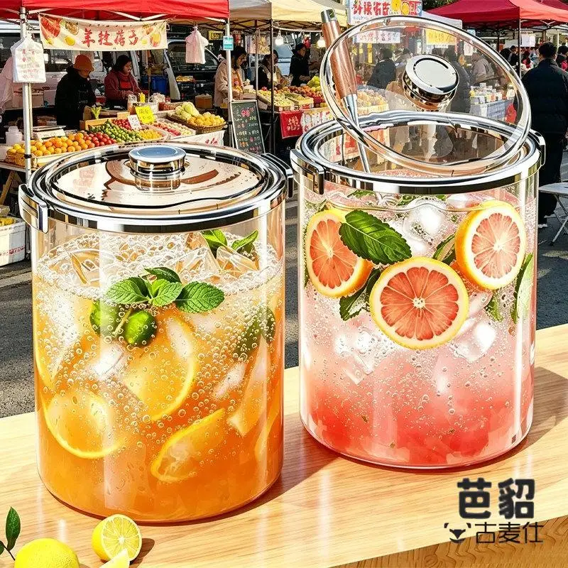 Large Plastic Sugar Water Bucket Transparent Storage for Street Vendors Fruits Beverages Non-Drip Commercial Use 30 Pounds