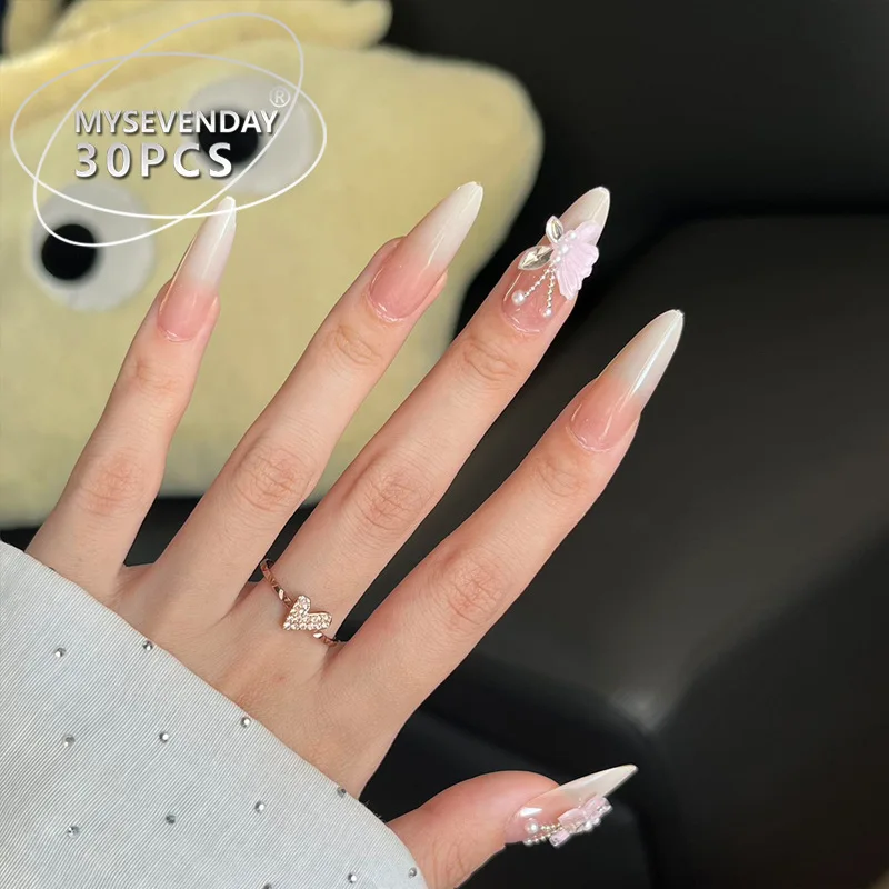 Wear High-Grade Summer Sweet Style Handmade Sticker Rhinestone Butterfly Gradient Fake Nail Tip