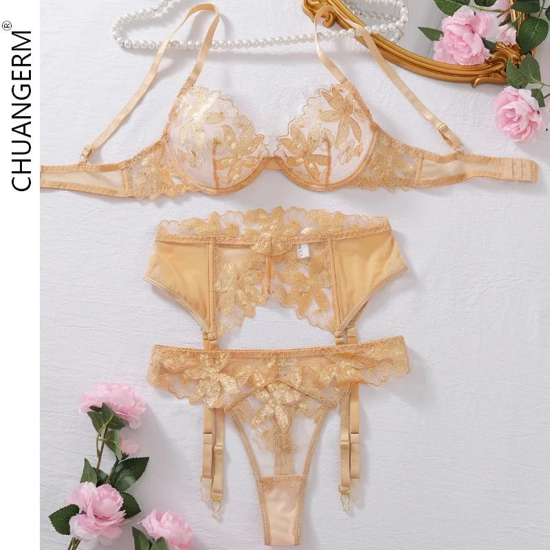 

CHUANGERM Transparent Lingerie Sexy Mesh Splicing Golden Floral Embroidery Womens Underwear Nightclub Party Temptation 3-Pieces