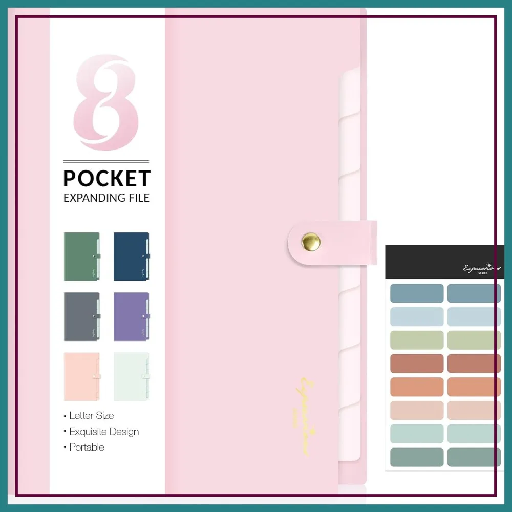 

Elegant Accordion File Organizer, 8 Pocket Expanding Folder, Portable Document Holder, Cute Office Supplies, Letter Size, Blush
