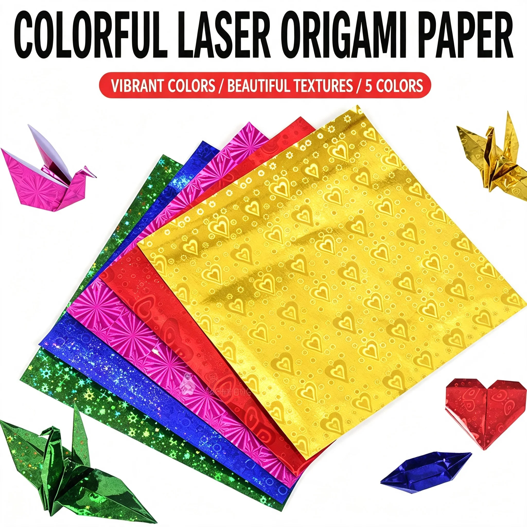 Holographic Laser Shiny Origami Paper Square 5 Colors White Back Multiple Sizes DIY Kids Craft Folding Paper for Handmade Decor