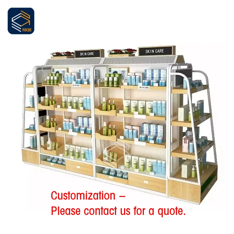 custom.Double Sided Gondola Shelving Cosmetic Retail Display Cabinet Glass Panel Wooden Shelves Multi Tier Storage Drawers
