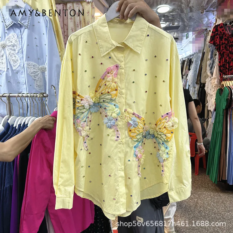 

Рубашка с длинными рукавами и вышивкой бабочки для тяжелой промышленности, женская свободная модная универсальная блузка, осенний топ