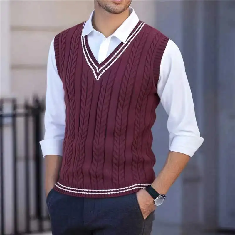 2026 Men's Knitted V-Neck Sweater Vest Color Blocking Stripe Sleeveless Knitwear Pullover Sweaters Men Business Casual Waistcoat view 4