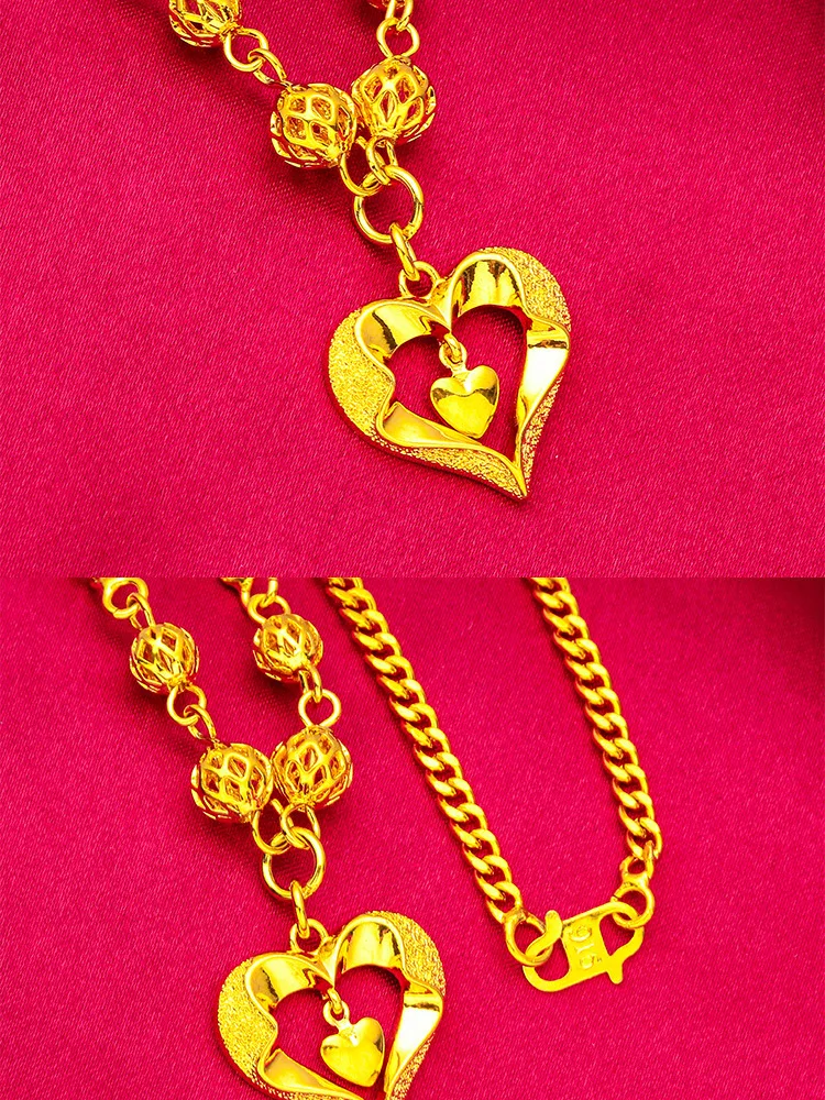 Heart Hollow Necklace for Women, 24K Gold, AU999 | Polished hollow heart with diamonds on delicate chain, elegant for daily wear