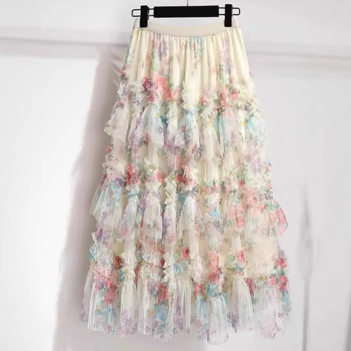 

2025 Summer New Colorful Floral Sheer Mesh Skirt for Women High Waist ALong Slimming Lightweight Casual Elegant Ladies Fashion