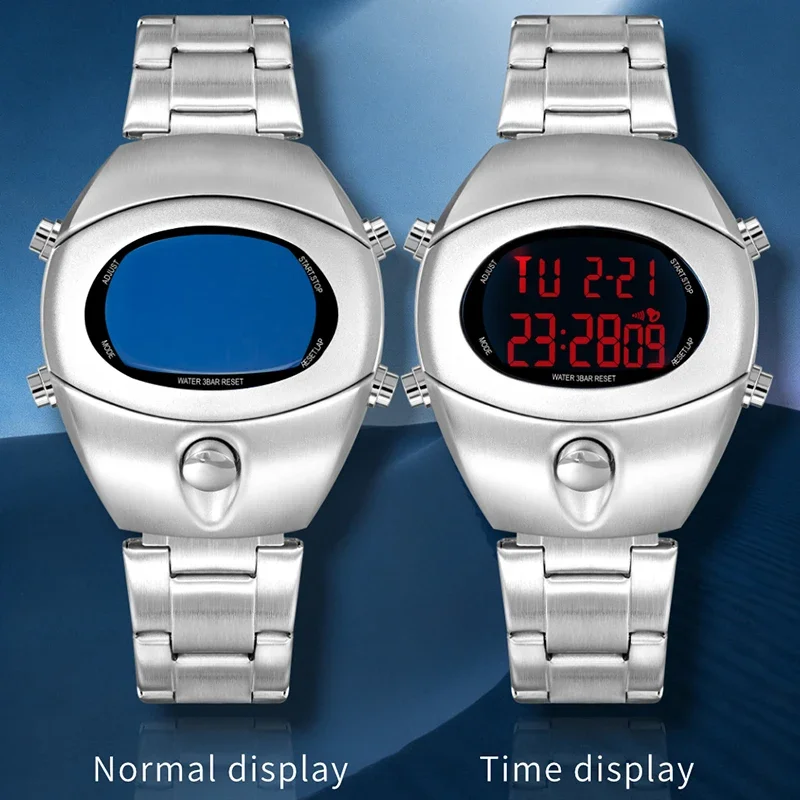 SHIYUNME Men Electronic Watch Creative Design Stainless Steel Strap 3ATM Waterproof LED Light Alarm Date Multifunction Watch