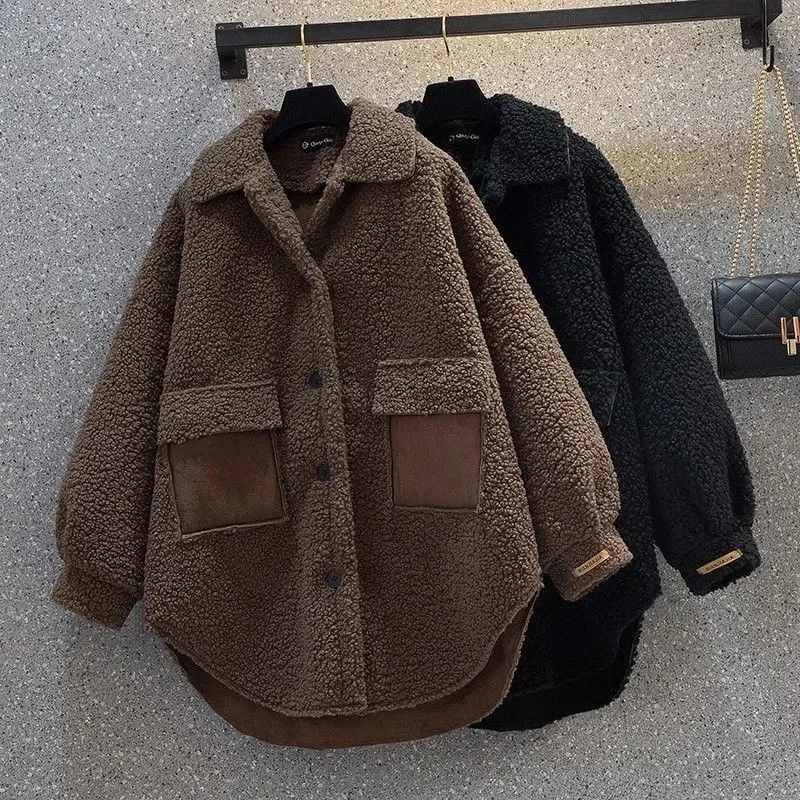 

New Loose Leisure Women Lamb Wool Jacket Autumn Winter Lamb Wool Chic Hong Kong Style Design Solid Color Female Coat