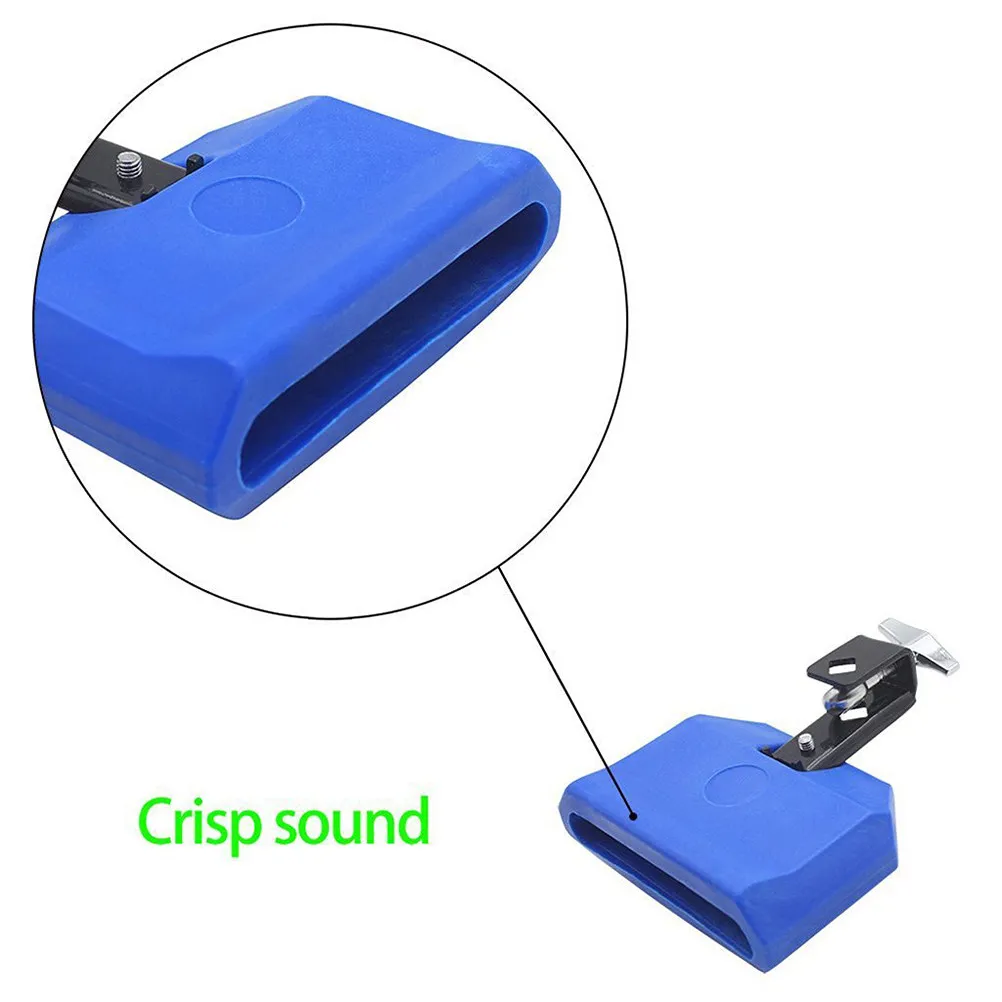 ABS Plastic Cow Bell Percussion Instrument Blue High Pitched Crisp Tone for Drum Set Holder Mounting Clamp Mallet